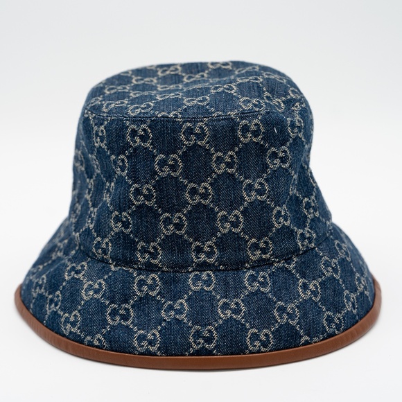 size M Gucci Monogram Blue Denim Bucket Hat GG Leather Trim - Picture 1 of 6